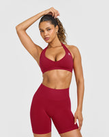 Effortless Seamless Halter Neck Sports Bra with White Logo | Claret Red