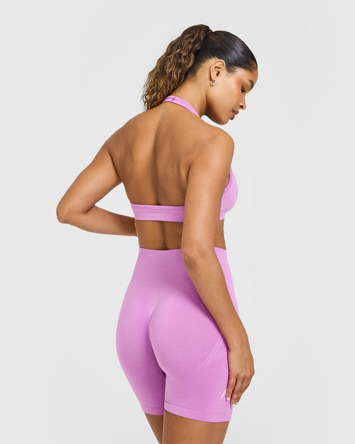 Effortless Seamless Halter Neck Sports Bra with White Logo | Orchid Purple