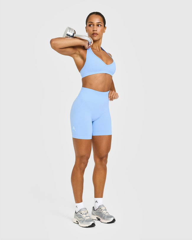 EffortlessLift™ Seamless Shorts with White Logo | Powdered Blue