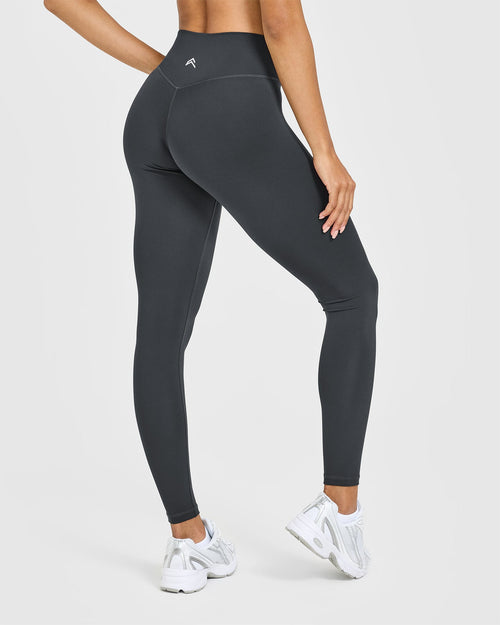 Timeless High Waisted Leggings with White Logo | Coal