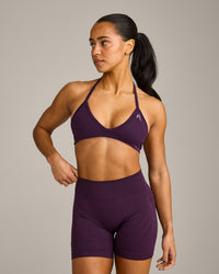 EnhanceLift™ Seamless Minimal Halter Neck Bralette with Grey Logo | Blackberry Purple