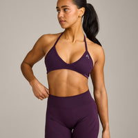 EnhanceLift™ Seamless Minimal Halter Neck Bralette with Grey Logo | Blackberry Purple