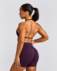 EnhanceLift™ Seamless Minimal Halter Neck Bralette with Gray Logo | Blackberry Purple