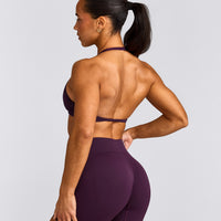 EnhanceLift™ Seamless Minimal Halter Neck Bralette with Gray Logo | Blackberry Purple