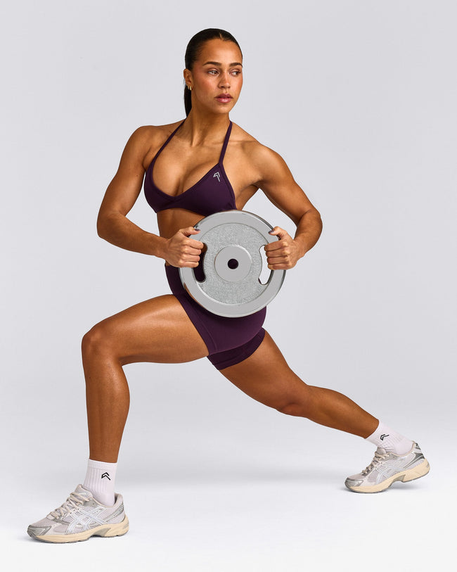 EnhanceLift™ Seamless Minimal Halter Neck Bralette with Gray Logo | Blackberry Purple