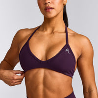 EnhanceLift™ Seamless Minimal Halter Neck Bralette with Gray Logo | Blackberry Purple