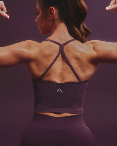 EnhanceLift™ Seamless Strappy Racer Vest with Built in Bra Shelf with Grey Logo | Light Blackberry Purple