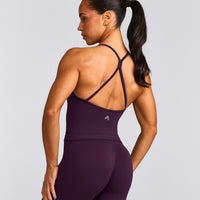 EnhanceLift™ Seamless Strappy Racer Tank Top with Built in Bra Shelf with Gray Logo | Blackberry Purple