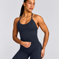 EnhanceLift™ Seamless Strappy Racer Tank Top with Built in Bra Shelf with Gray Logo | True Blue