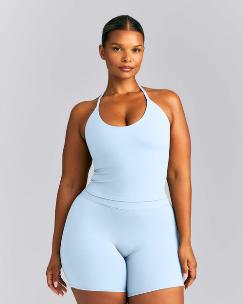 SoftMotion™ Strappy Halter Neck Mid Tank Top with Built in Bra Shelf | Mist Blue