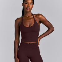 SoftMotion™ Strappy Halter Neck Mid Tank Top with Built in Bra Shelf | Plum Brown