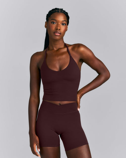 SoftMotion™ Strappy Halter Neck Mid Tank Top with Built in Bra Shelf | Plum Brown