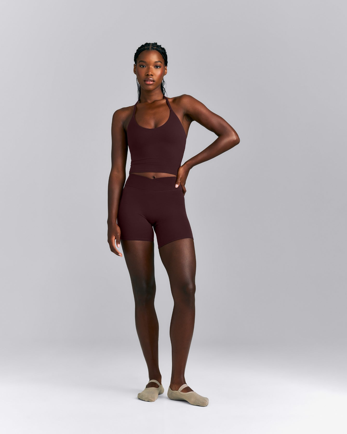 SoftMotion™ Strappy Halter Neck Mid Tank Top with Built in Bra Shelf | Plum Brown