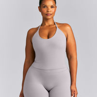 SoftMotion™ Strappy Halter Neck Mid Tank Top with Built in Bra Shelf | Zinc Gray