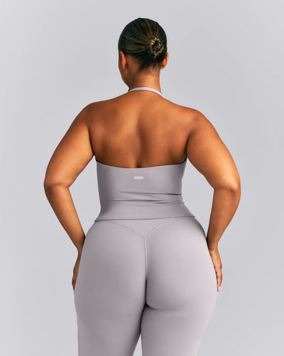 SoftMotion™ Strappy Halter Neck Mid Tank Top with Built in Bra Shelf | Zinc Gray