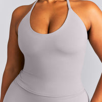 SoftMotion™ Strappy Halter Neck Mid Tank Top with Built in Bra Shelf | Zinc Gray