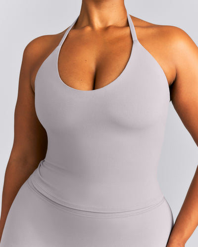 SoftMotion™ Strappy Halter Neck Mid Tank Top with Built in Bra Shelf | Zinc Gray