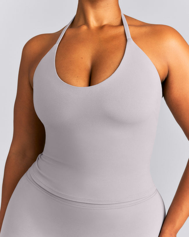 SoftMotion™ Strappy Halter Neck Mid Tank Top with Built in Bra Shelf | Zinc Gray