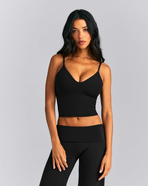 SoftMotion™ Adjustable V Neck Mid Tank Top with Built in Bra Shelf | Black