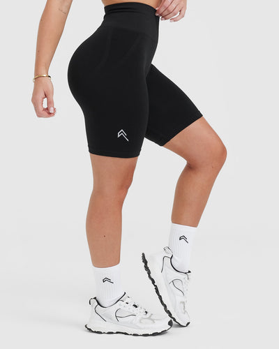 EffortlessLift™ Seamless Cycling Shorts with White Logo | Black