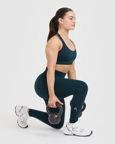 EffortlessLift™ Seamless Leggings with White Logo | Oil Blue