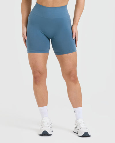EffortlessLift™ Seamless Shorts with White Logo | Moonstone Blue