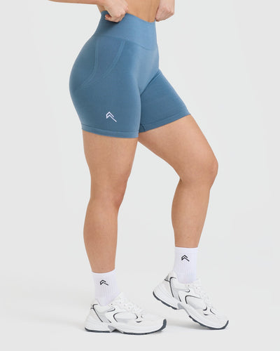 EffortlessLift™ Seamless Shorts with White Logo | Moonstone Blue