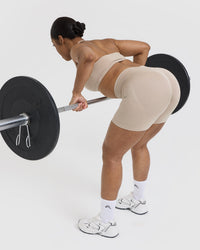 EffortlessLift™ Seamless Shorts with White Logo | Mushroom Brown