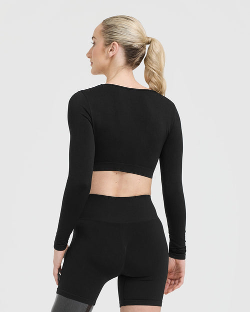 Effortless Square Neck Crop Long Sleeve Top with White Logo | Black