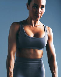 EffortlessLift™ Square Neck Sports Bra with Grey Logo | Light Granite Blue