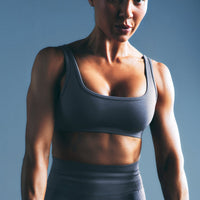 EffortlessLift™ Square Neck Sports Bra with Grey Logo | Light Granite Blue