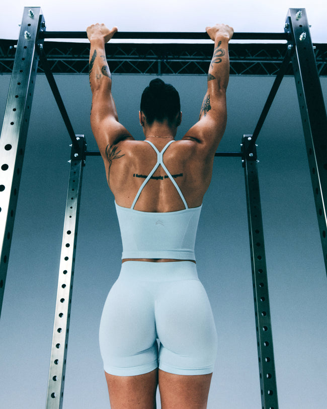 EnhanceLift™ Seamless Shorts with Grey Logo | Cloud Blue