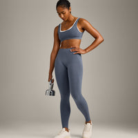 EffortlessLift™ Seamless Mid Rise Leggings with Grey Logo | Light Granite Blue
