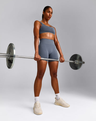 EffortlessLift™ Seamless Shorts with Gray Logo | Light Granite Blue