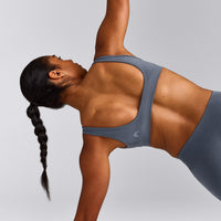 EffortlessLift™ Square Neck Sports Bra with Gray Logo | Light Granite Blue