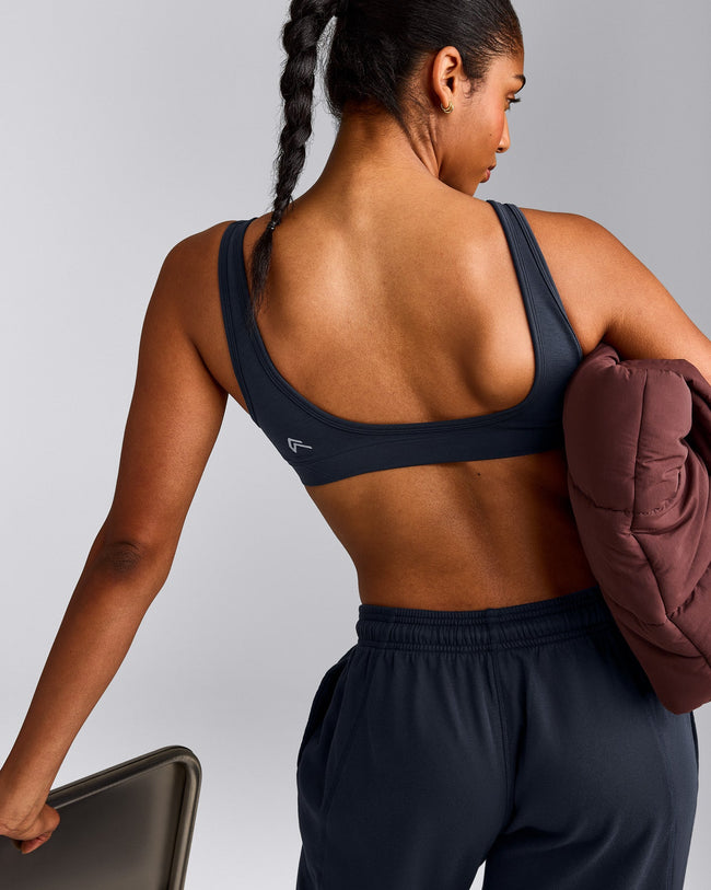 EffortlessLift™ Square Neck Sports Bra with Gray Logo | True Blue