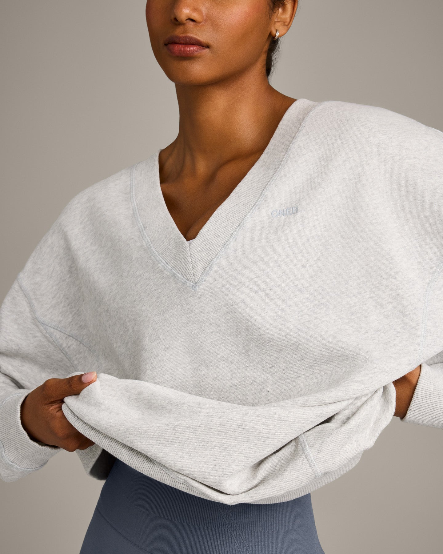 Cotton Vintage Lounge V Neck Sweatshirt | Light Grey Marl