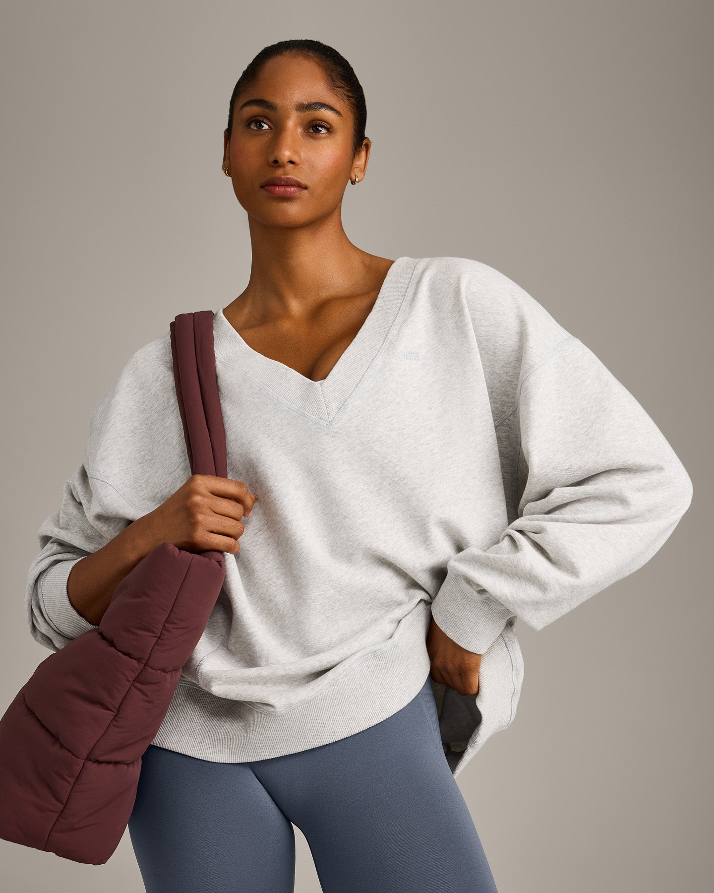 Cotton Vintage Lounge V Neck Sweatshirt | Light Grey Marl