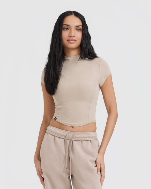 Oner Modal Mellow Rib Mid Mock Neck T-Shirt | Mushroom Brown