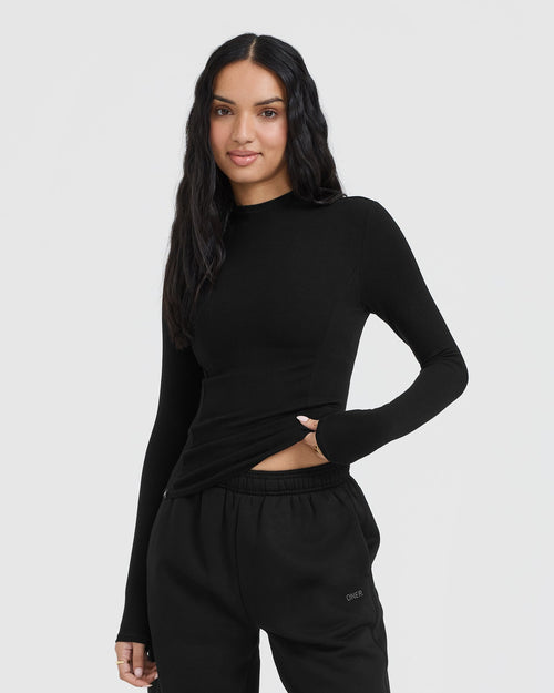 Oner Modal Mellow Rib Mock Neck Long Sleeve Top | Black