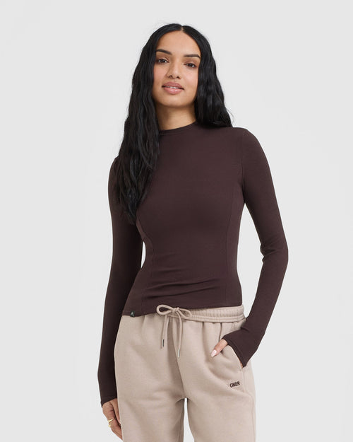 Oner Modal Mellow Rib Mock Neck Long Sleeve Top | Plum Brown