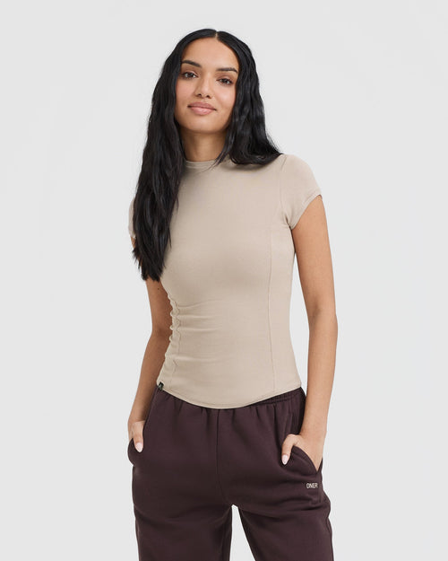 Oner Modal Mellow Rib Mock Neck T-Shirt | Mushroom Brown