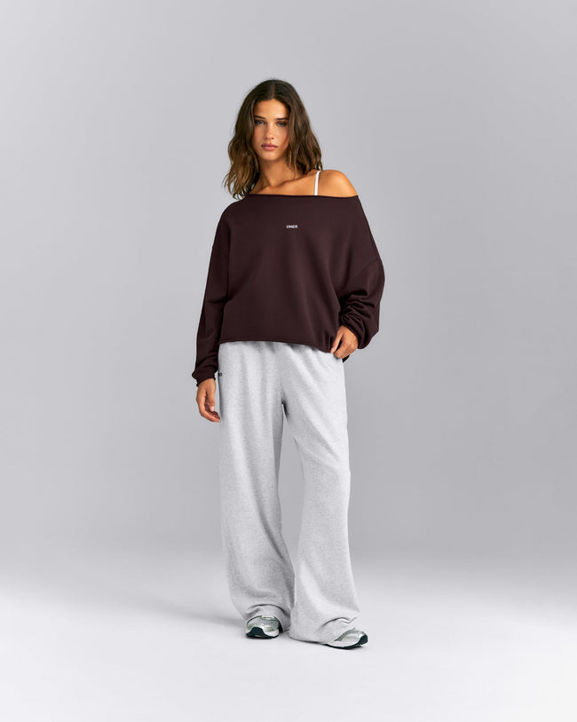Cotton Vintage Lounge Off-The-Shoulder Sweatshirt | Washed Plum Brown