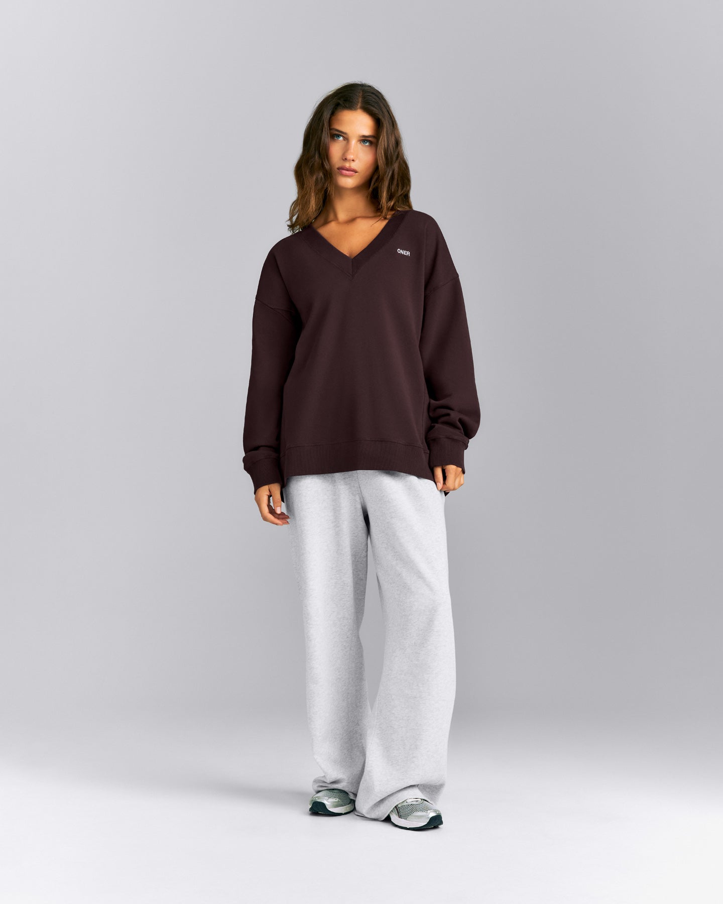 Cotton Vintage Lounge V Neck Sweatshirt | Washed Plum Brown