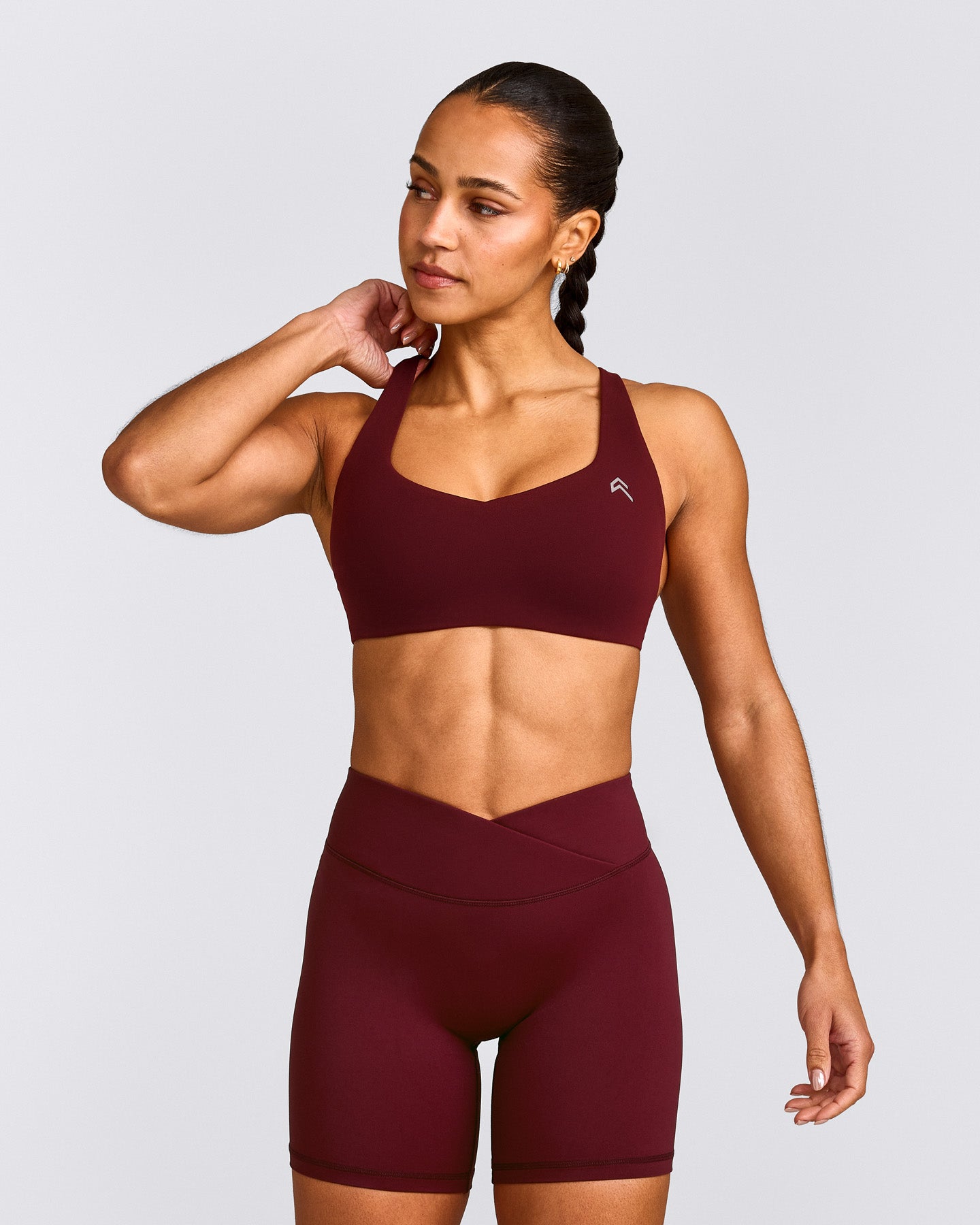 EasyLift™ Cross Back Sports Bra with Gray Logo | Rosewood