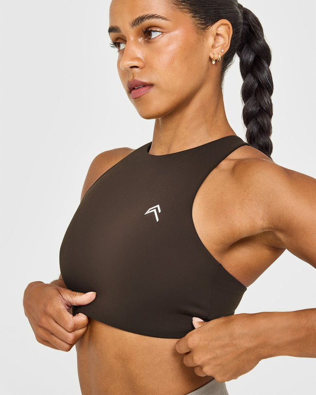EasyLift™ High Neck Sports Bra with White Logo | 70% Cocoa
