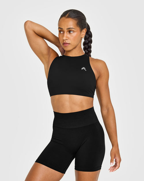 Oner Modal EasyLift™ High Neck Sports Bra with White Logo | Black