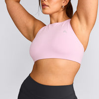 EasyLift™ High Neck Sports Bra with Grey Logo | Chalk Pink