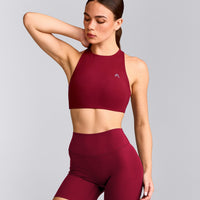 EasyLift™ High Neck Sports Bra with Gray Logo | Ruby Red