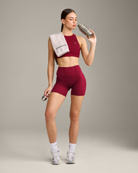 EasyLift™ High Neck Sports Bra with Grey Logo | Ruby Red